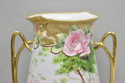 Antique Nippon Hand Painted Porcelain Twin Handle Vase w /Flowers & Lake Scene