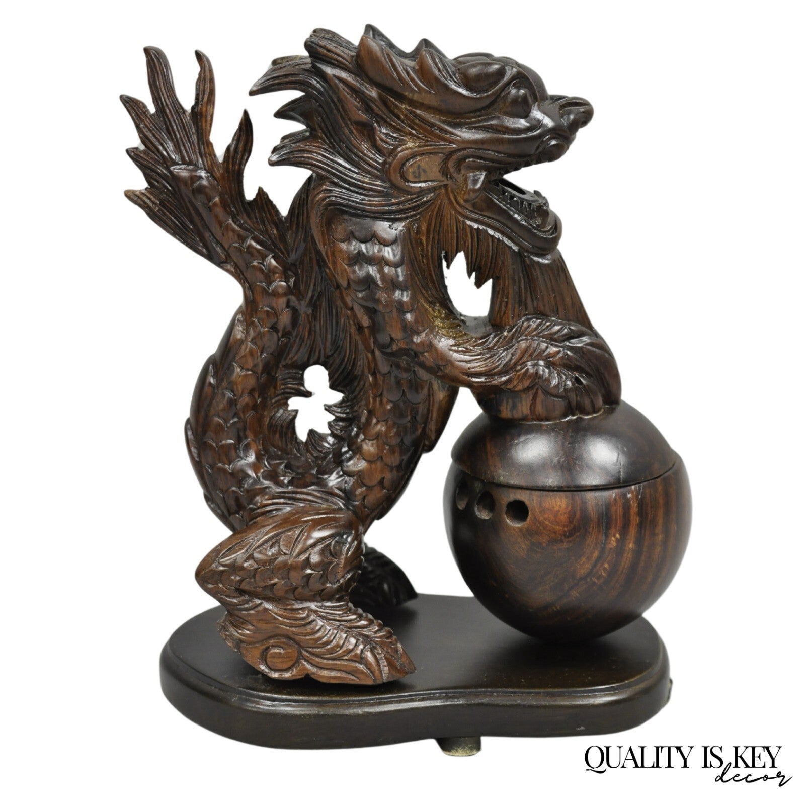 Decorative Carved Wood Chinese Foo Dog Dragon Incense Burner Holder