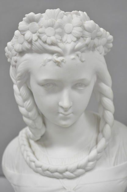 Antique French Classical Parian Porcelain 13" Goddess Female Maiden Bust - Pair
