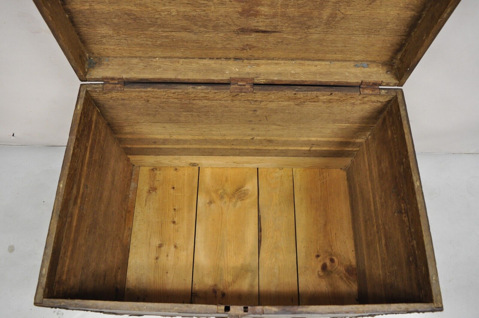 19th C. English Oak Wood and Steel Banded Safe Storage Cabinet Chest Trunk