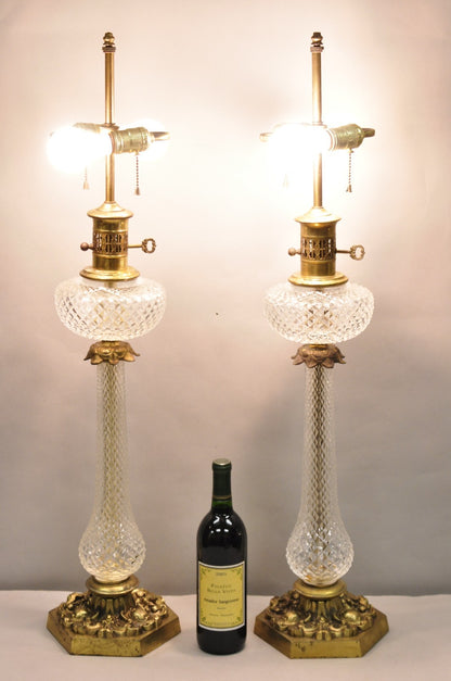 Vintage French Empire Brass & Crystal Glass Column "Oil Lamp" Table Lamps, Pair
