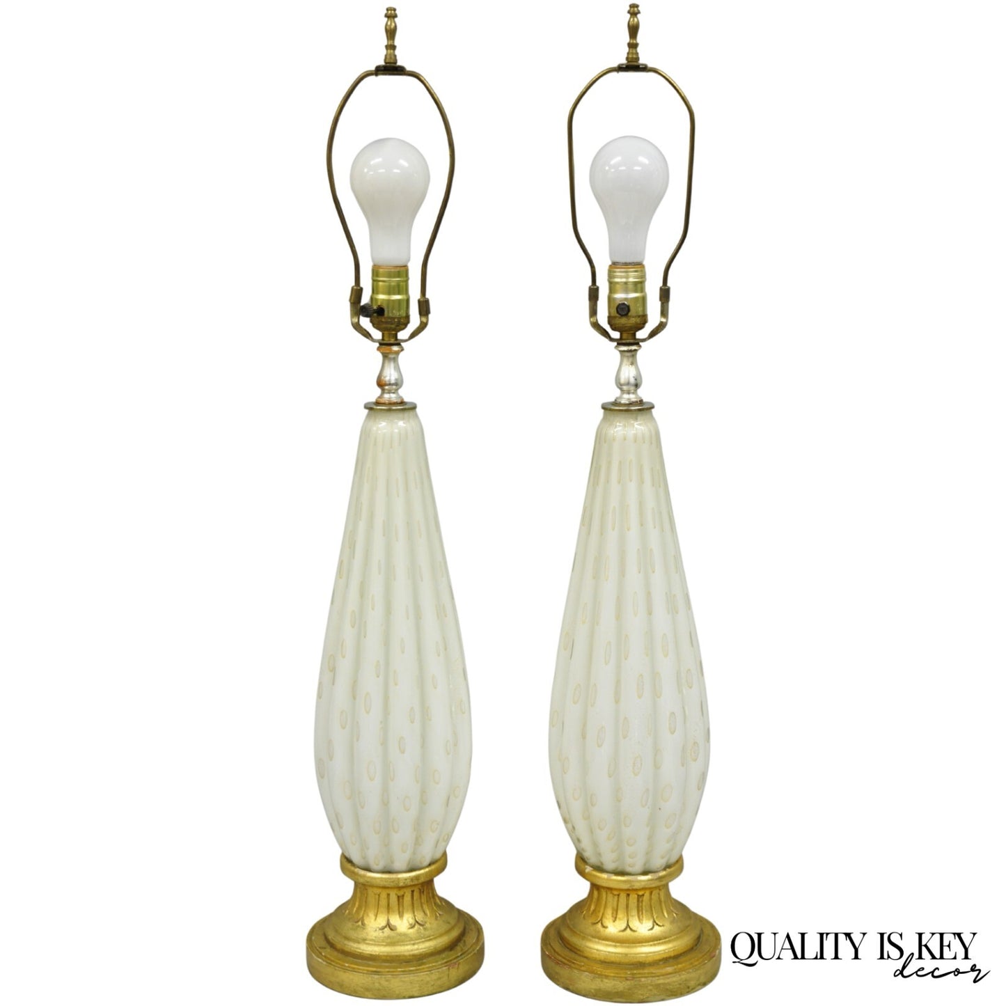 Vintage Mid Century Modern Italian Murano White Blown Glass Table Lamps - a Pair
