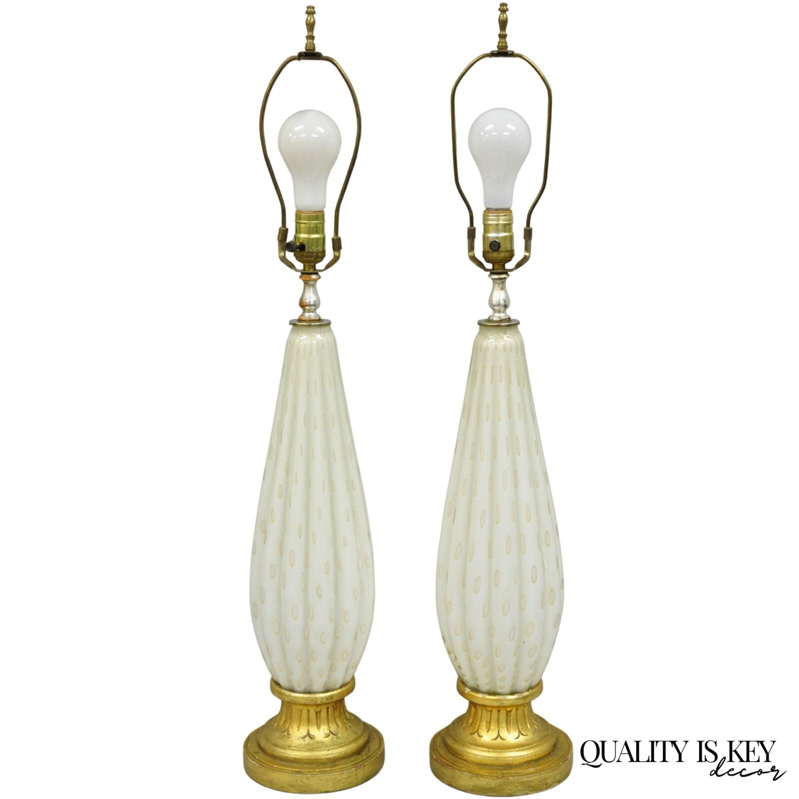 Vintage Mid Century Modern Italian Murano White Blown Glass Table Lamps - a Pair
