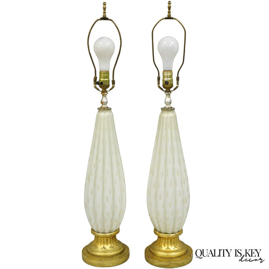 Vintage Mid Century Modern Italian Murano White Blown Glass Table Lamps - a Pair