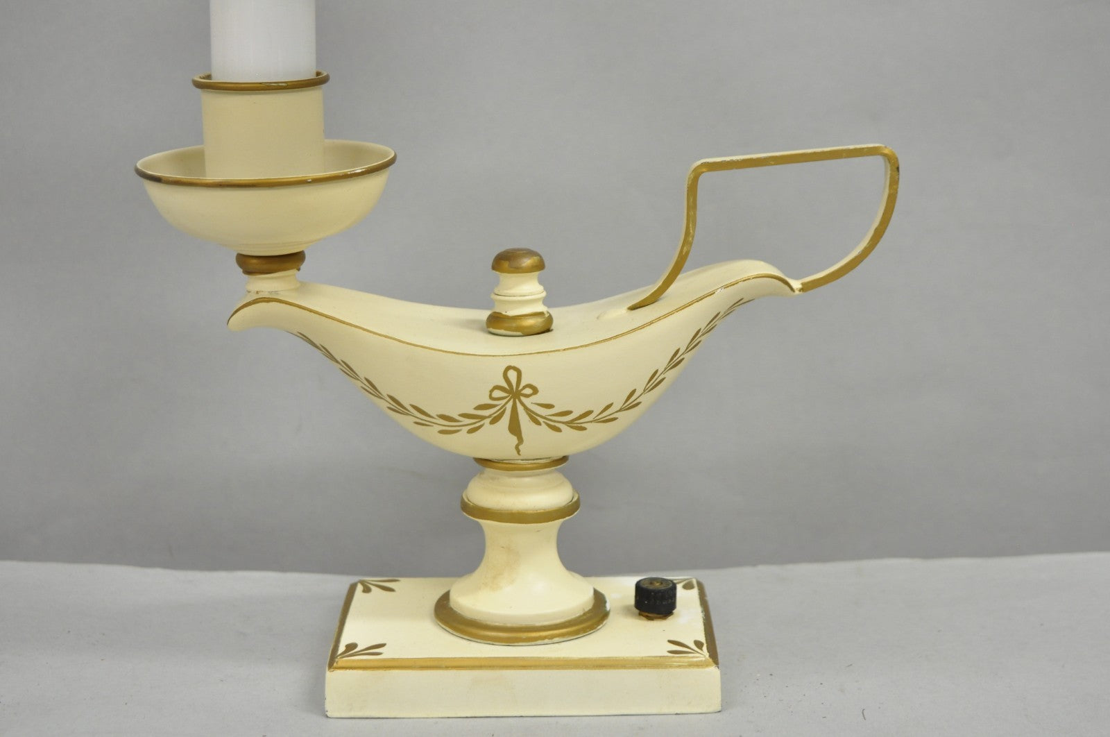 Vintage French Country White Gold Small Genie Lantern Tole Bouillotte Desk Lamp
