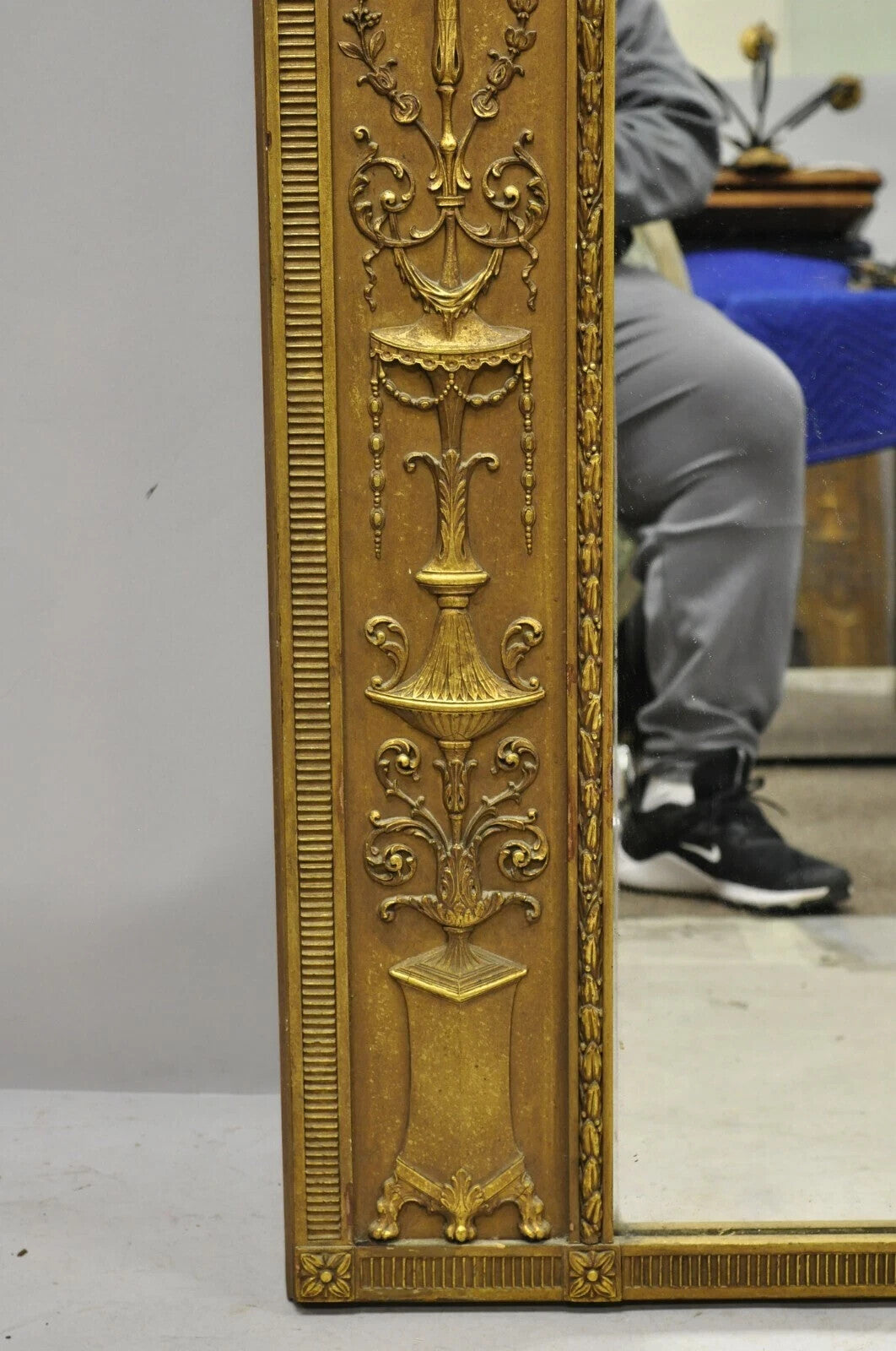 Antique French Neoclassical Gold Figural Gesso Large 76x54 Trumeau Floor Mirror