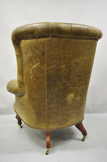 Lillian August Brown Green Leather Chesterfield Club Lounge Chair & Ottoman