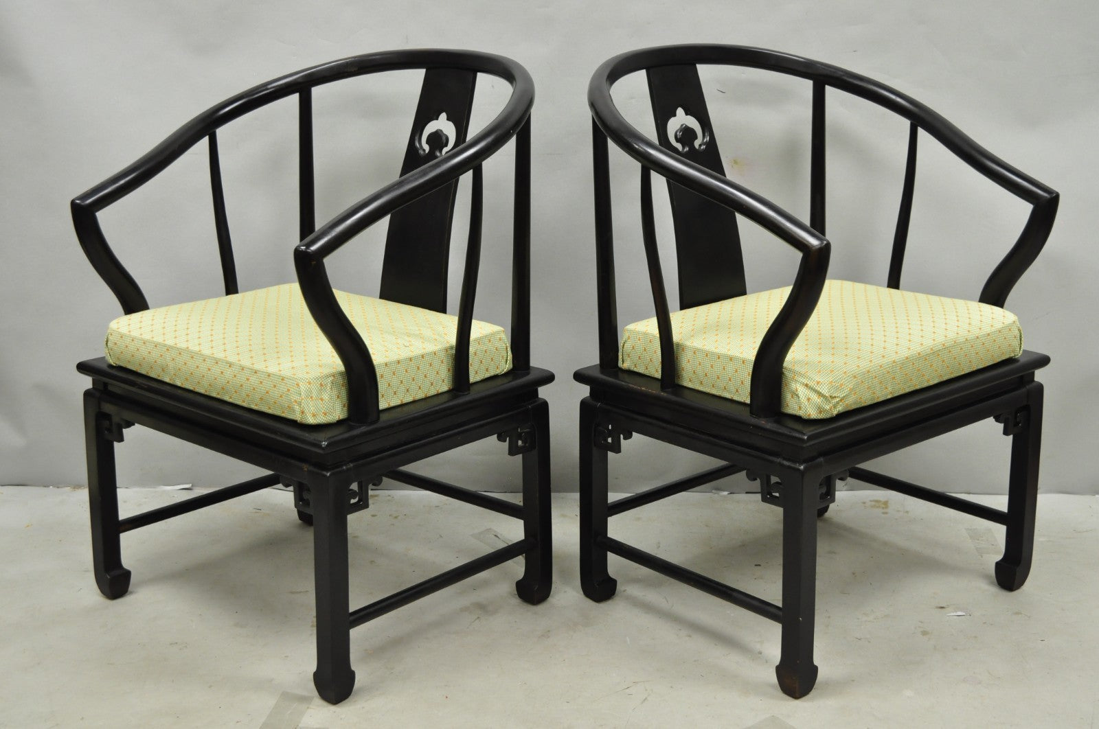 Vintage Oriental Ming Style Ebonized Horseshoe Lounge Chairs by Century (A) Pair