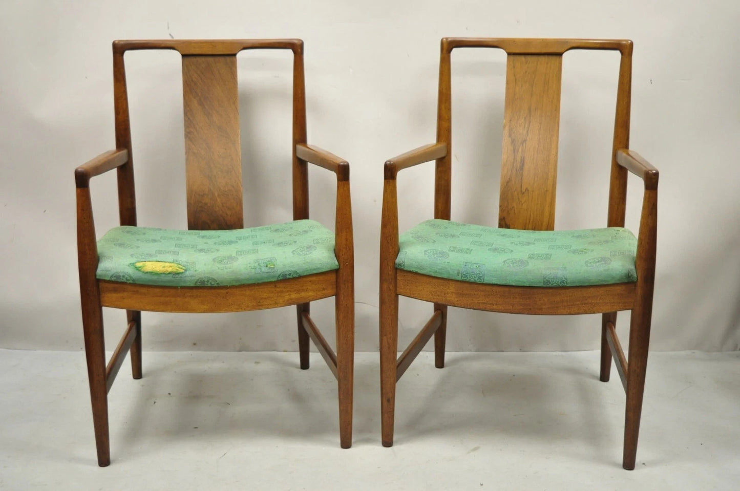 Vintage Mid Century Modern John Stuart Walnut Curve Back Dining Arm Chairs, Pair