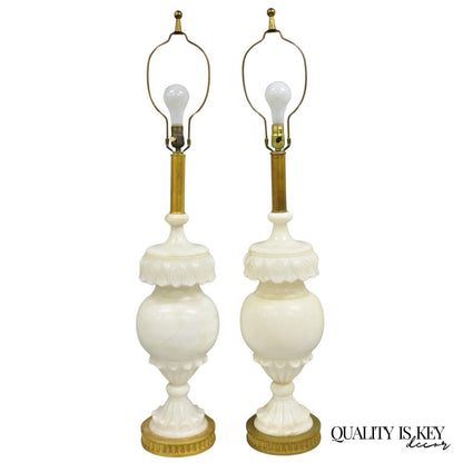 Neoclassical Large Carved Solid Alabaster Marble Leaf Bulbous Table Lamps Pair