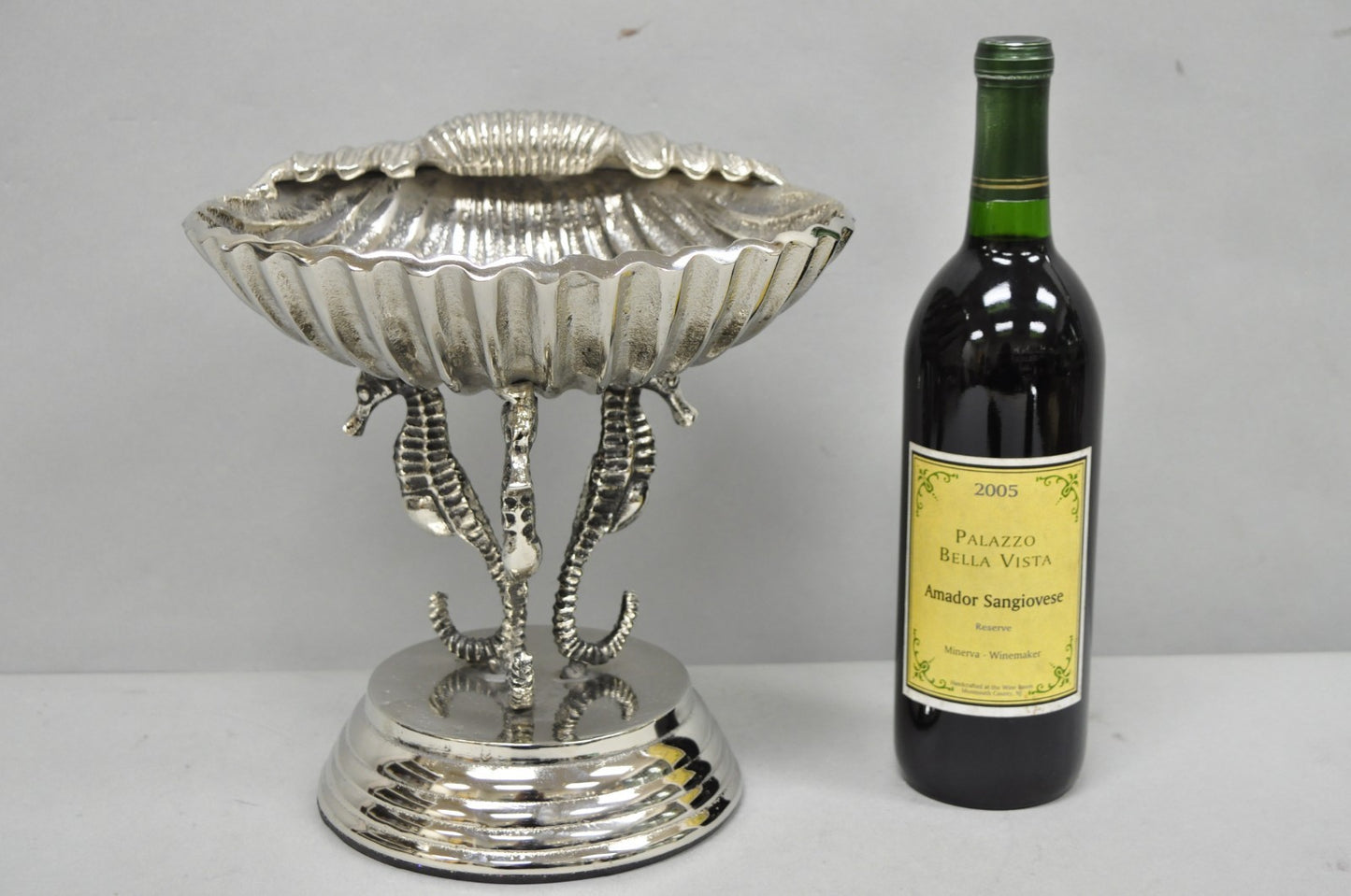 Decorative Nautical Silver Plated Seahorse Clamshell Pedestal Compote Candy Dish