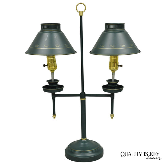 Vintage French Country Green Tole Metal Double Candlestick Table Lamp w/ Shades