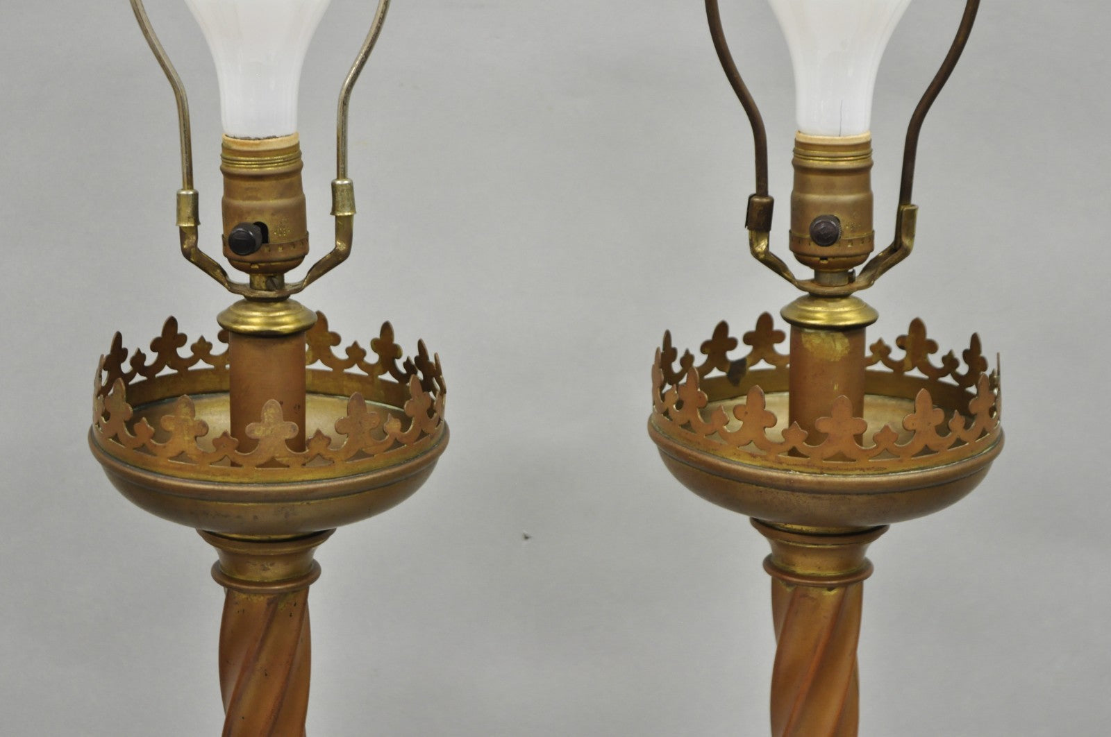 Antique English Renaissance Gothic Patinated Brass Candlestick Table Lamps Pair