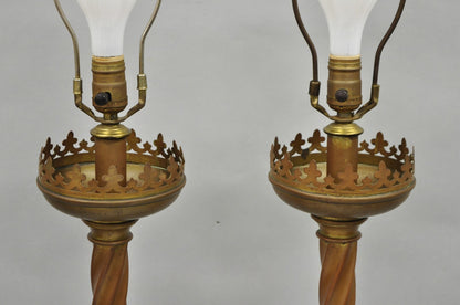 Antique English Renaissance Gothic Patinated Brass Candlestick Table Lamps Pair