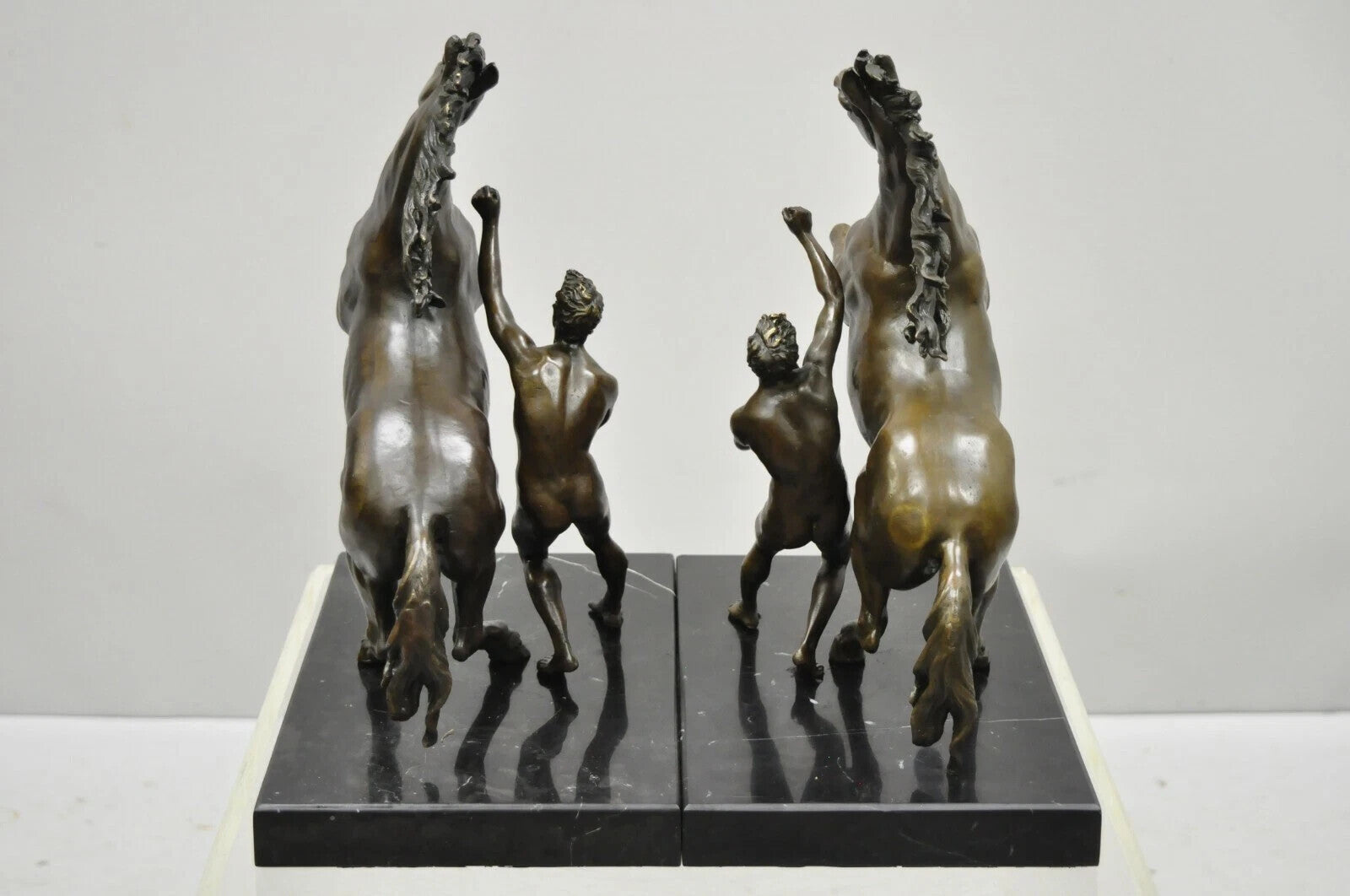 Vintage Bronze Marly Horse and Tamer Sculpture after Coustou on Marble Base Pair