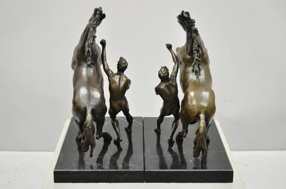 Vintage Bronze Marly Horse and Tamer Sculpture after Coustou on Marble Base Pair