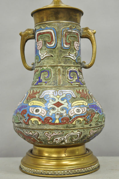 Vintage Chinese Porcelain Enamel Bronze Cloisonne Champleve Vase Table Lamp
