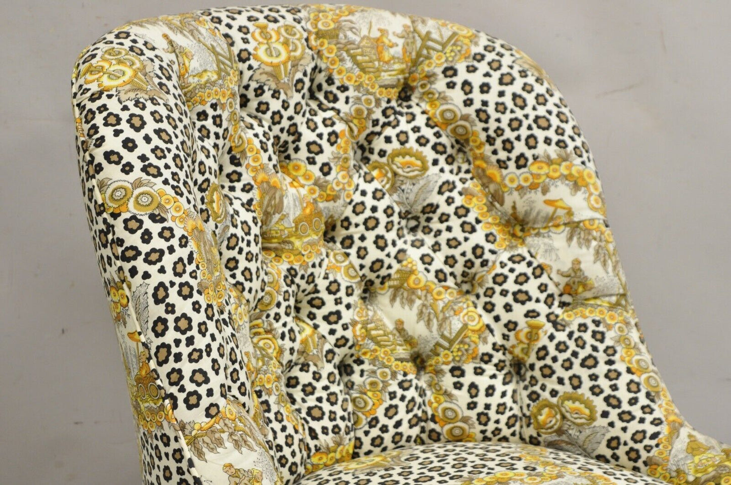 Vintage Napoleon III Tufted Slipper Lounge Chair w/ Leopard Chinoiserie Fabric