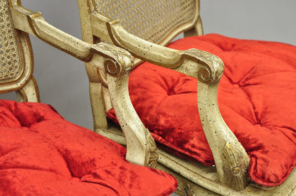 Vintage French Louis XV Style Cream Painted Carved Wood Cane Arm Chairs - a Pair