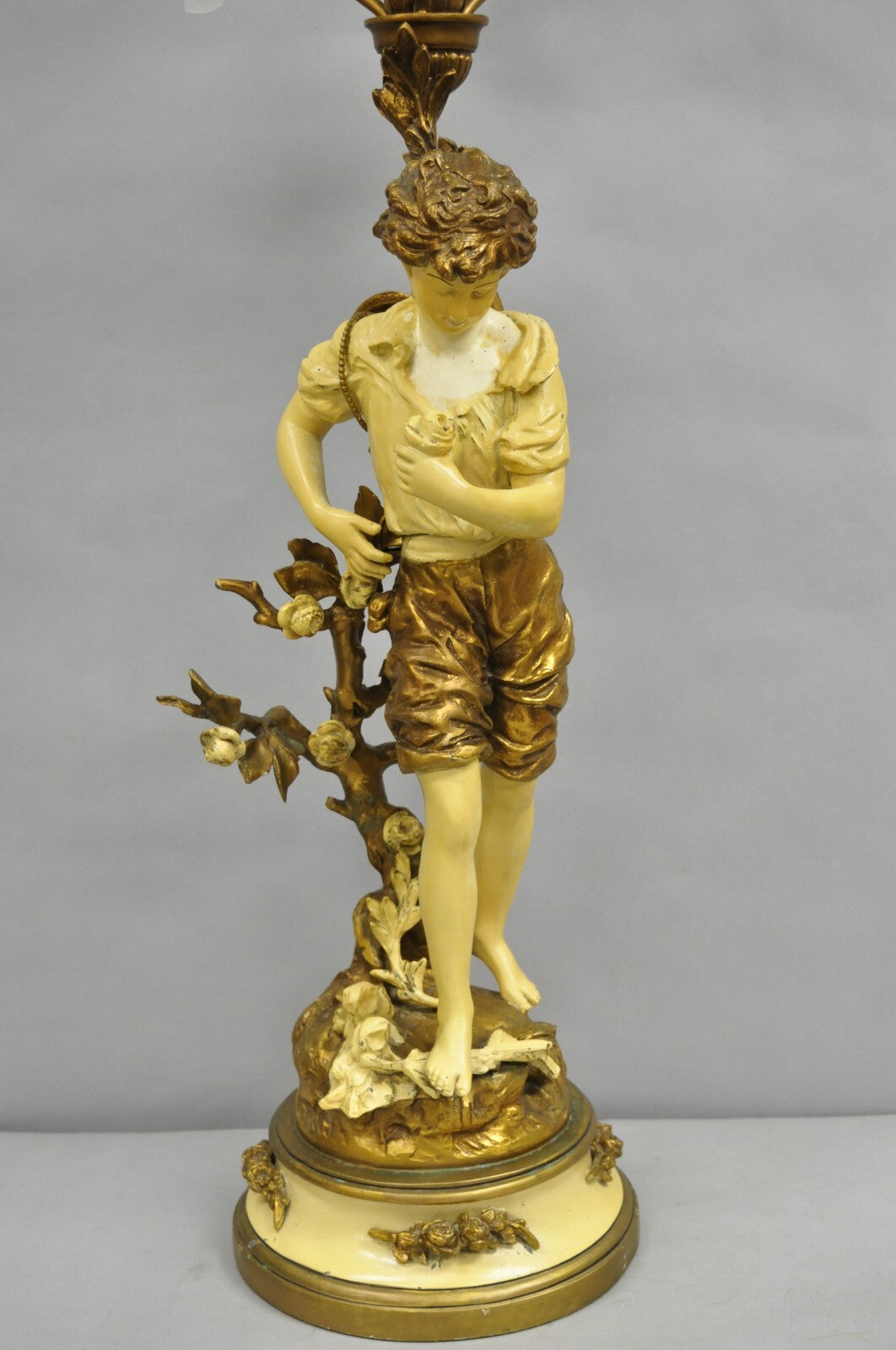 Vintage French L&F Moreau Figural Gold Painted Metal Boy Torchiere Table Lamp