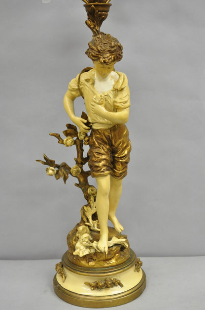 Vintage French L&F Moreau Figural Gold Painted Metal Boy Torchiere Table Lamp