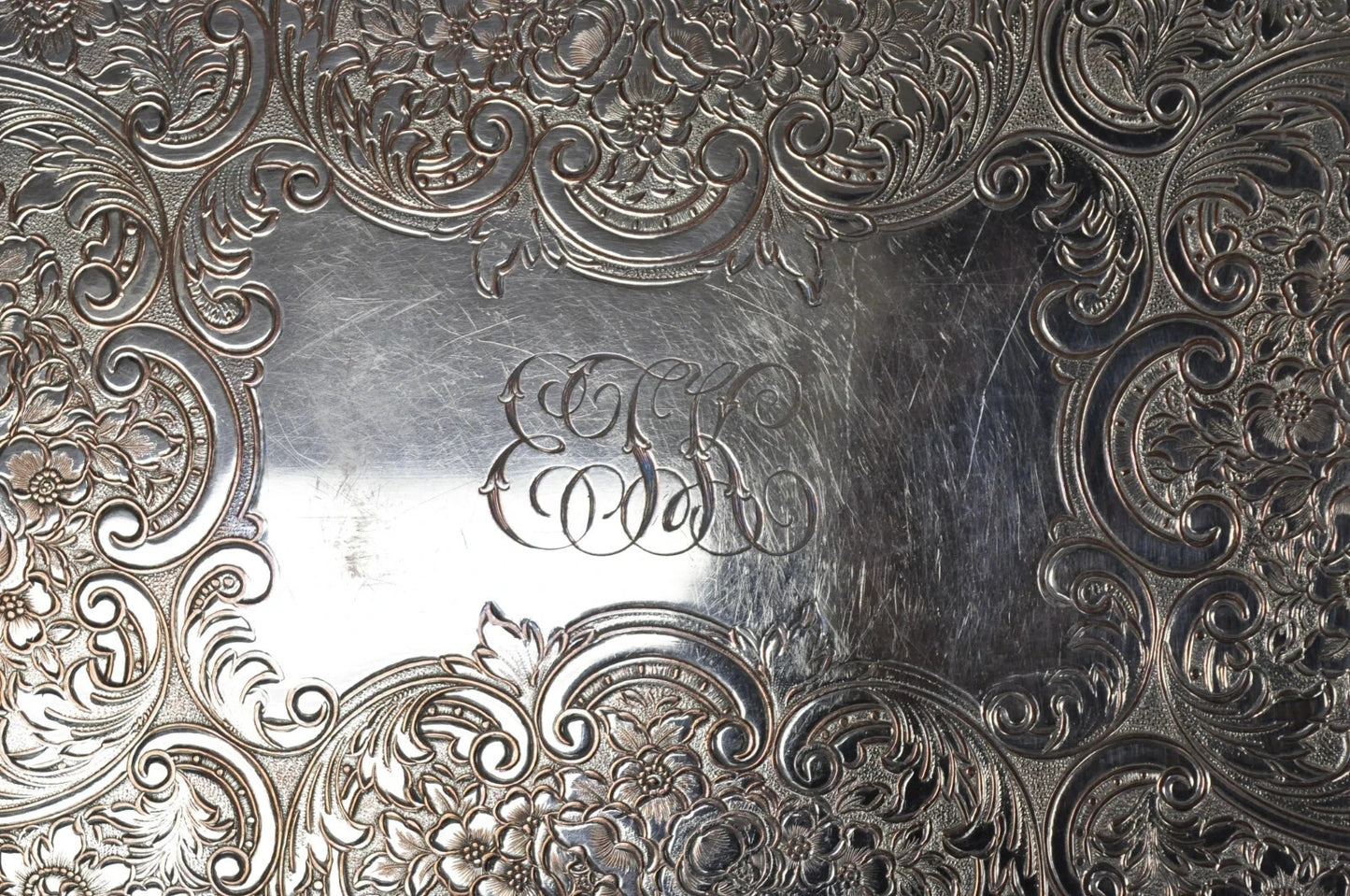 Antique Victorian Silver Plated Grapevine Repousse Platter Bar Tray w/ Monogram