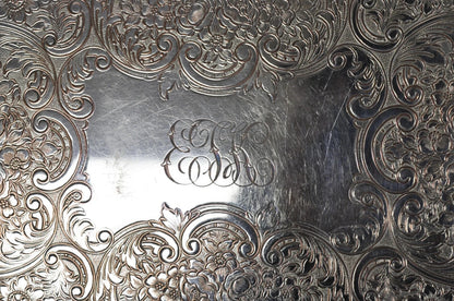 Antique Victorian Silver Plated Grapevine Repousse Platter Bar Tray w/ Monogram
