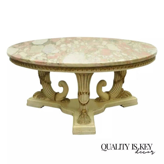 French Empire Neoclassical Cornucopia Base Round Pink Marble Top Coffee Table