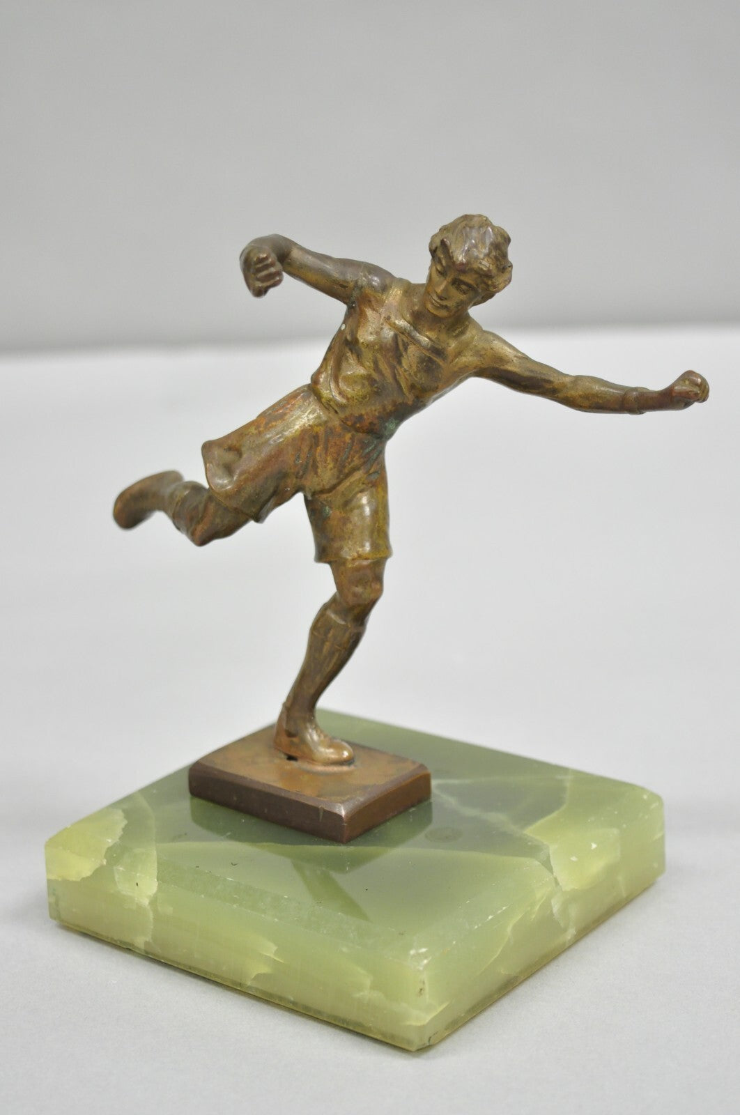 Antique Art Deco Small 6" Bronze Onyx Base Soccer Futbol Player Sculpture Figure