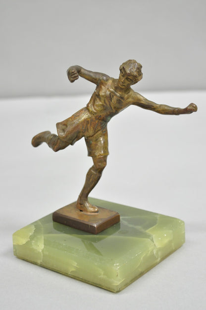 Antique Art Deco Small 6" Bronze Onyx Base Soccer Futbol Player Sculpture Figure