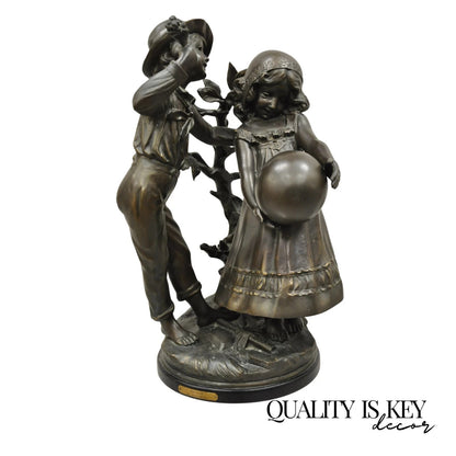 "Enjoue" after Auguste Moreau Victorian Bronze Boy and Girl Statue Sculpture
