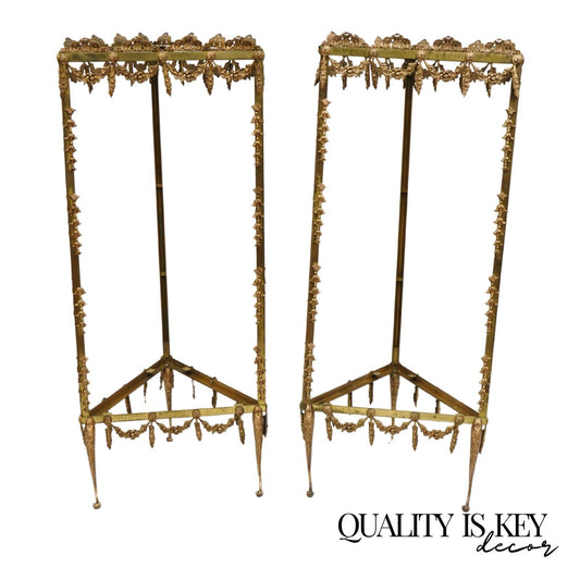 Vintage French Hollywood Regency Ornate Brass Triangular Etagere Stands - Pair
