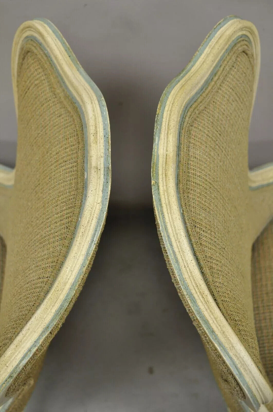 Vintage French Provincial Louis XV Cream Blue Boudoir Slipper Chairs - a Pair