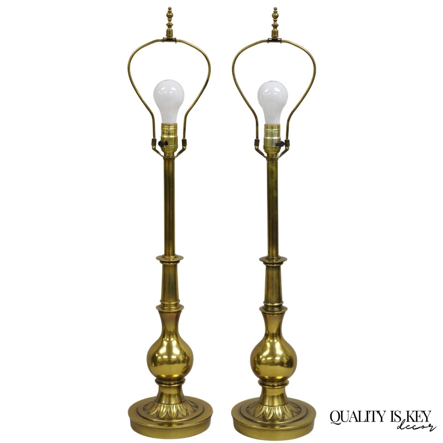 Vintage Stiffel Hollywood Regency Brass Bulbous Column Table Lamps - a Pair