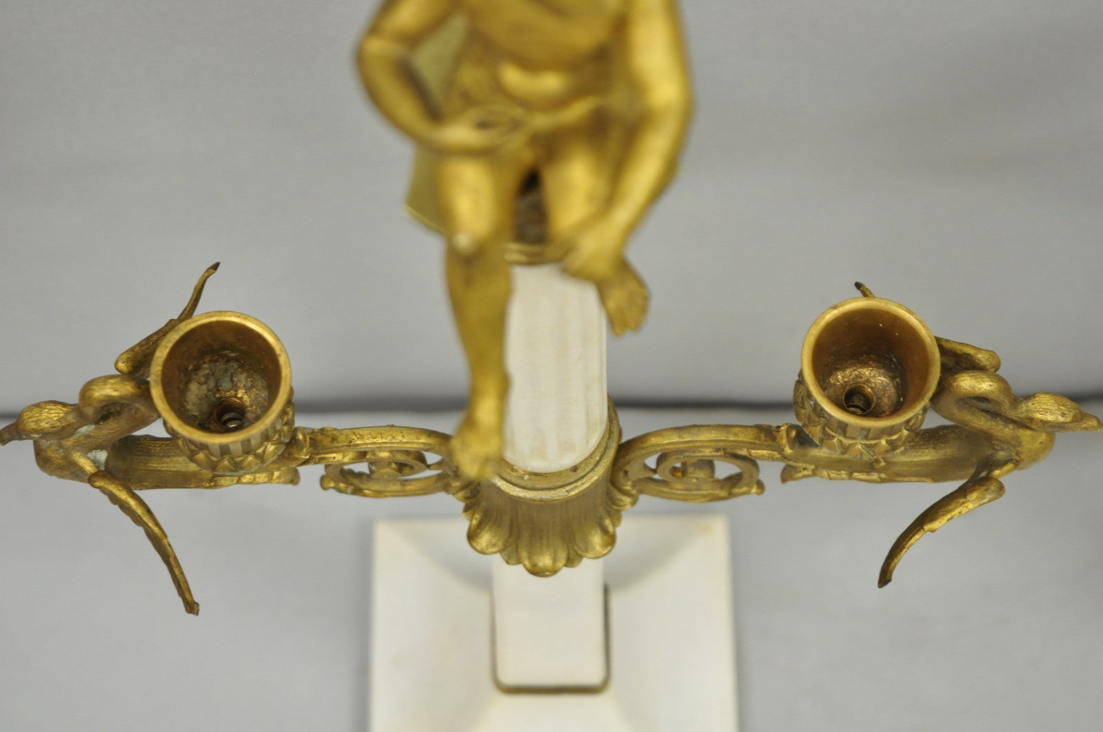 Antique French Neoclassical Bronze Swans Cherub Marble Column Candelabras - Pair