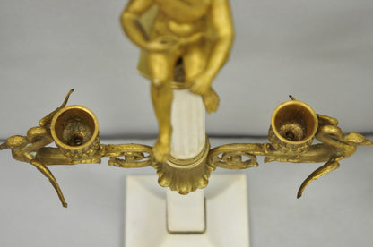 Antique French Neoclassical Bronze Swans Cherub Marble Column Candelabras - Pair