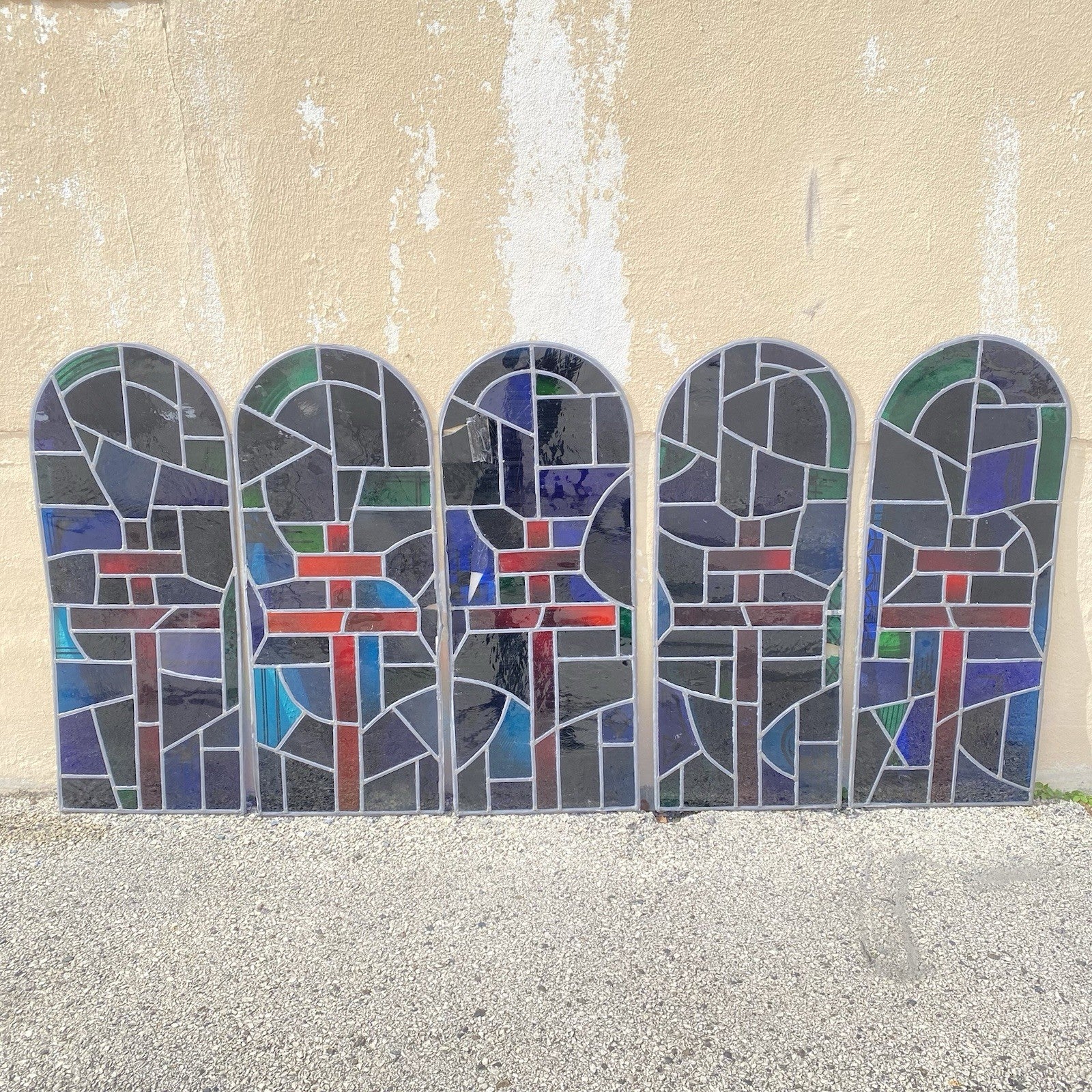 Vintage Art Deco Blue & Red Leaded Stained Glass Arched Window w/ Cross - 5 Pcs