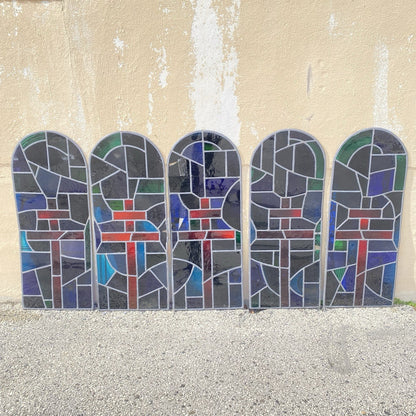 Vintage Art Deco Blue & Red Leaded Stained Glass Arched Window w/ Cross - 5 Pcs