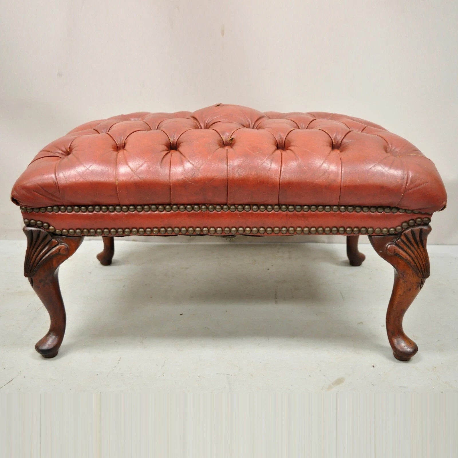 Vintage English Chesterfield Queen Anne Brown Leather Tufted Ottoman Footstool