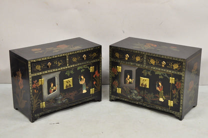 Vintage Chinese Oriental Small Asian Black Lacquer Painted Cabinets -  a Pair