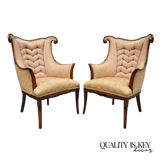 Vintage French Hollywood Regency Art Deco Style Mahogany Arm Chairs - a Pair