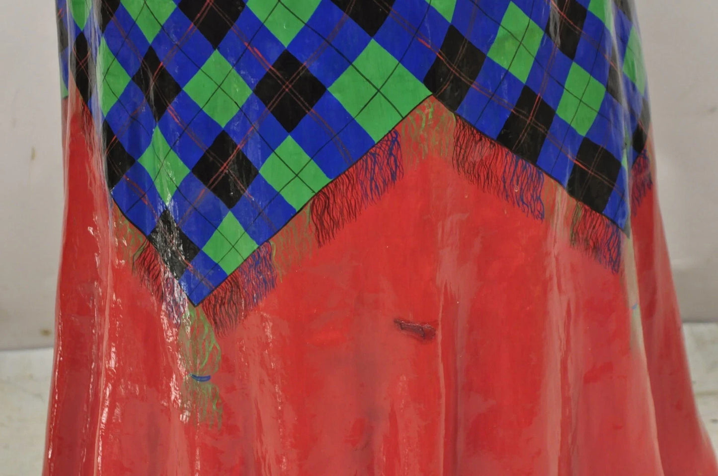Vintage Paper Mache Red Blue Green Tartan Painted "Tablecloth" Drape Side Table