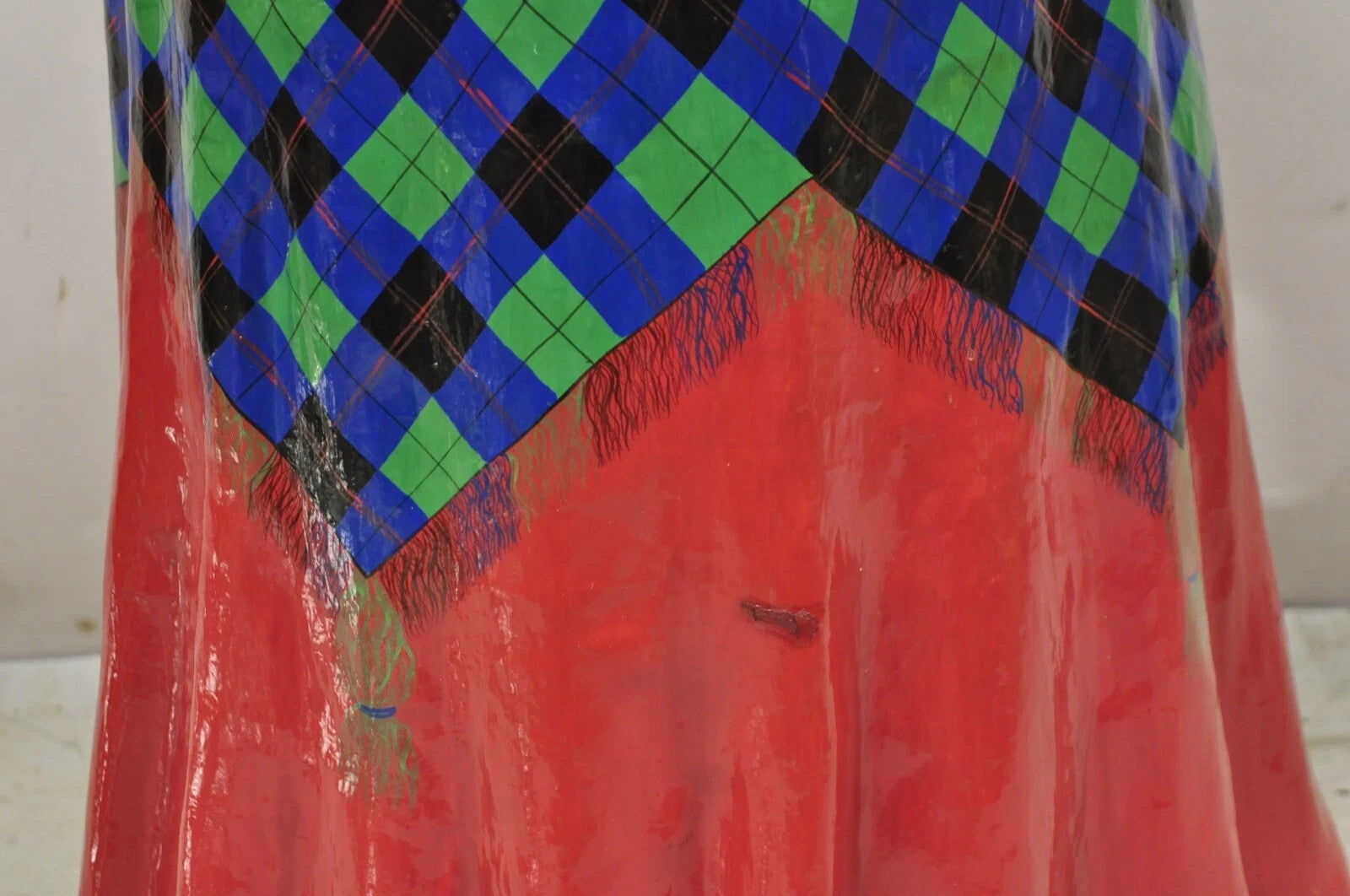 Vintage Paper Mache Red Blue Green Tartan Painted "Tablecloth" Drape Side Table