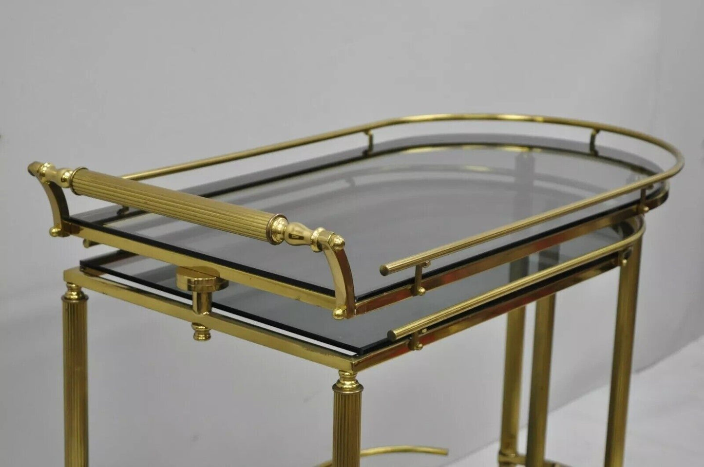 Italian Hollywood Regency Brass Swivel Rolling Bar Cart Server with Smoked Glass