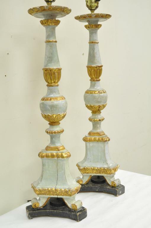 Antique Italian Neoclassical Hand-Carved Giltwood Candlestick Table Lamps - Pair