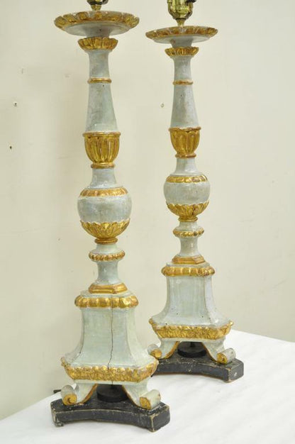 Antique Italian Neoclassical Hand-Carved Giltwood Candlestick Table Lamps - Pair