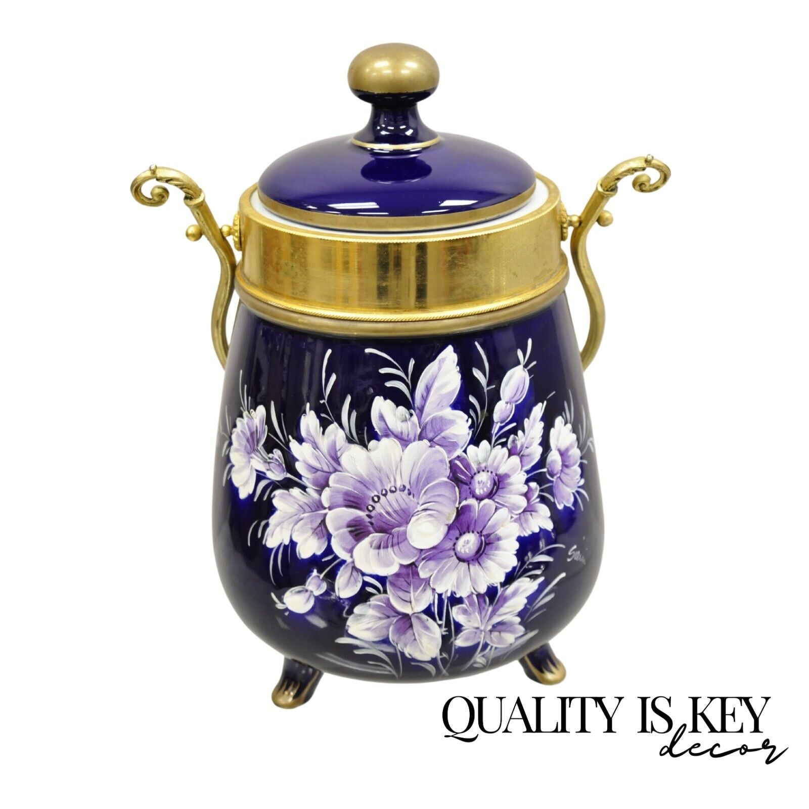 Vintage Victorian Cobalt Blue Porcelain Lidded Cookie Biscuit Jar Purple Flowers