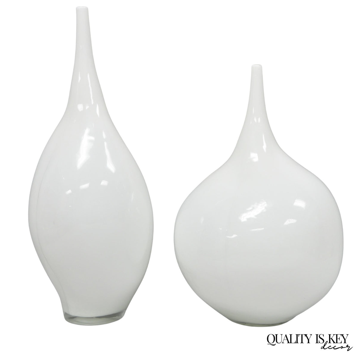 Decorative Modern White Bulbous Art Glass Vessel Vase by Lazy Susan - 2 Pc Set