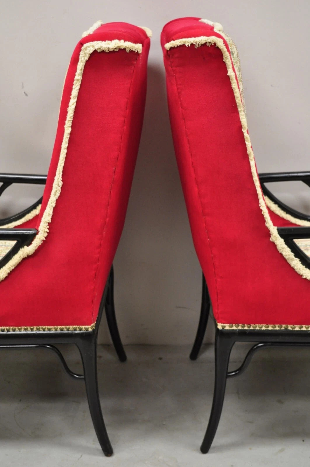 Vintage Chinoiserie James Mont Style Black Fretwork Lounge Arm Chairs - a Pair