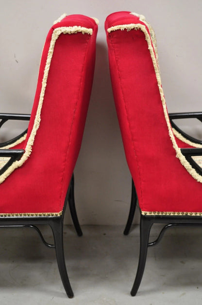 Vintage Chinoiserie James Mont Style Black Fretwork Lounge Arm Chairs - a Pair